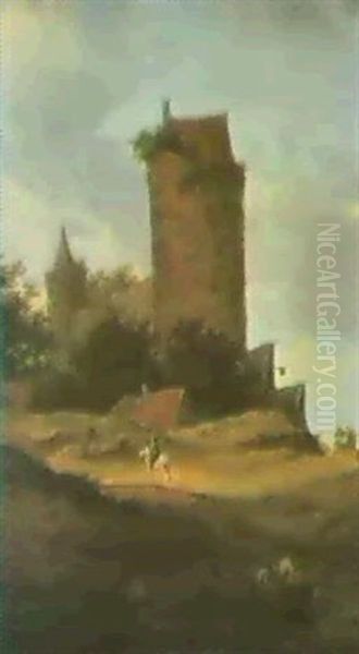 Hoher Runder Turm Im Mittelgr-und Davor Ein Rieter In Der   France Rechts Eine Kutsche Oil Painting by Salomon van Ruysdael