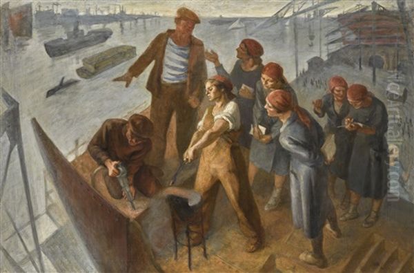 Student Excursion To The Baltic Shipyard Oil Painting by Serafima Vasilievna Ryangina