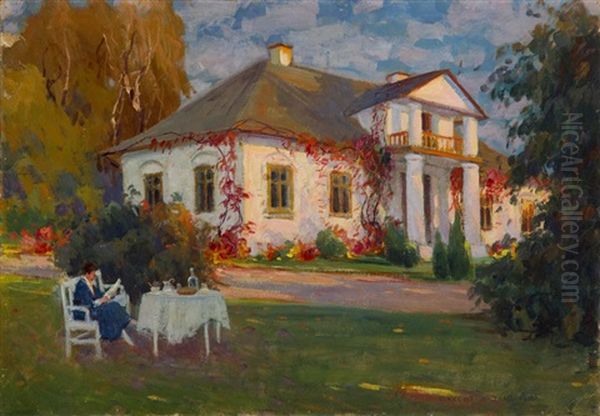 Kobieta Przed Dworkiem Oil Painting by Bronislawa Rychter-Janowska