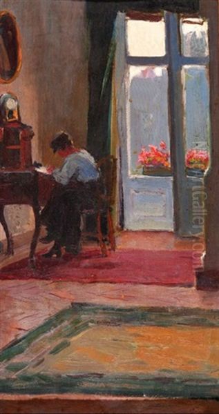 Woman In A Room Oil Painting by Bronislawa Rychter-Janowska