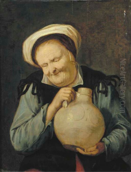 An Old Woman Holding A Stoneware Vessel Oil Painting by David Ryckaert III
