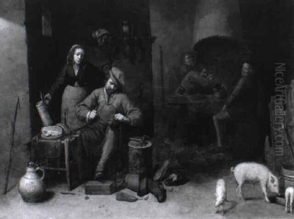 Bauerliches Interieur Mit Personen Und Ferkeln Oil Painting by David Ryckaert III