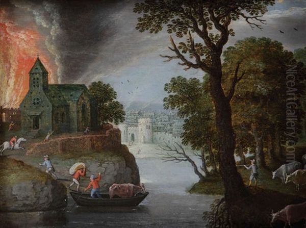 Paysage Aquatique Avec Figures Fuyant Une Ville En Flammes Oil Painting by Marten Ryckaert