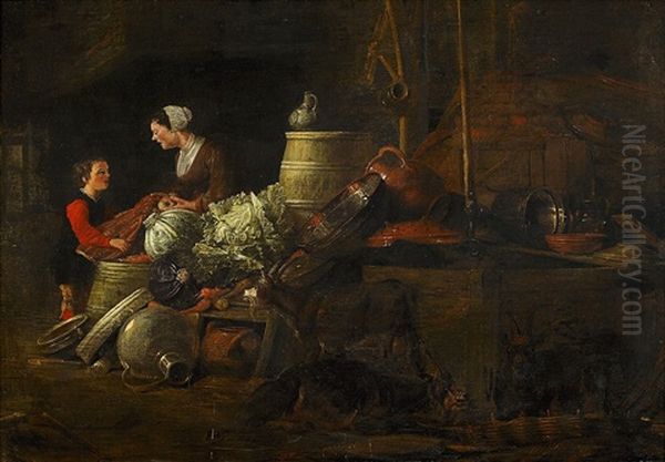 Kitchen Interior Oil Painting by Franz (Francois) Ryckhals