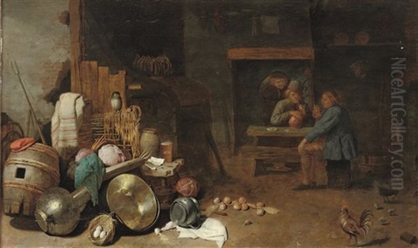 Peasants Drinking And Smoking In A Barn Oil Painting by Franz (Francois) Ryckhals