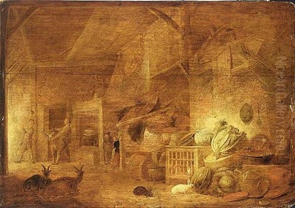 A Barn Still Life With Cabbages, Kitchen Utensils, Poultry In A Cage, Rabbits, Two Goats And Peasants In The Background Oil Painting by Franz (Francois) Ryckhals
