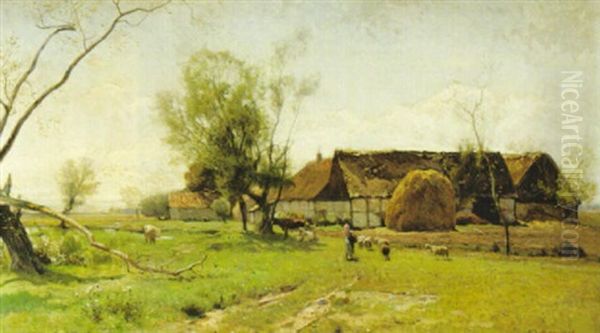 Skanskt Landskap Med Korsvirkesbyggd Bondgard Oil Painting by Gustaf Rydberg