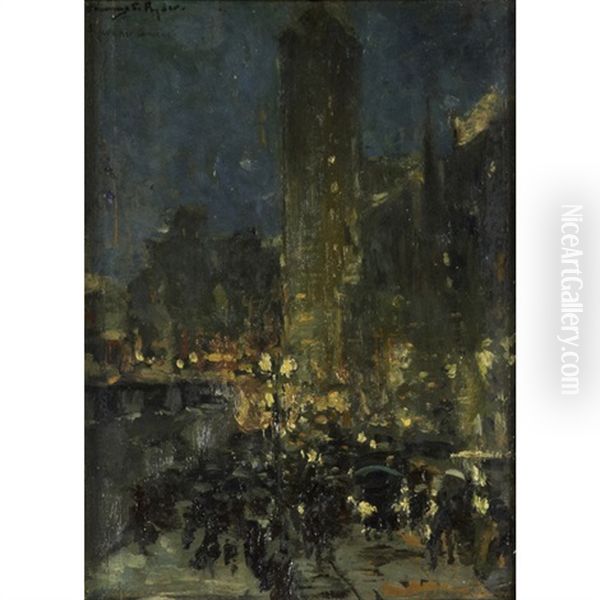 A Night Time City Scene Oil Painting by Chauncey Foster Ryder