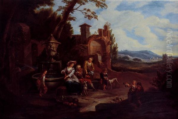 An Italianate Landscape With Fruit Vendors Resting Beside An Ornamental Fountain, Roman Ruins And Mountains Beyond Oil Painting by Pieter Rysbraeck