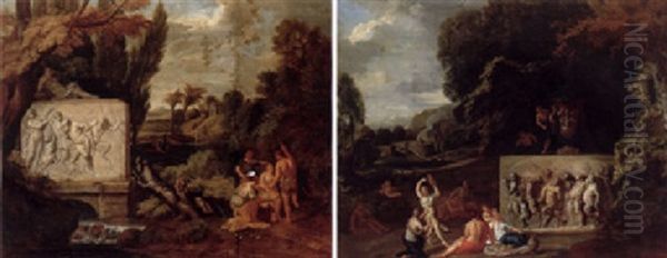 A Classical Landscape With Maiden Dancing By A Sacophagus Depicting The Triumph Of Silenus Oil Painting by Pieter Rysbraeck