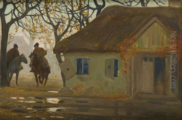 In Front Of A Hut Oil Painting by Jozef Ryszkiewicz
