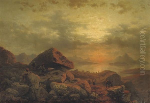 Deer Hunting In The Carpathian Mountains Oil Painting by Georg Eduard Otto Saal