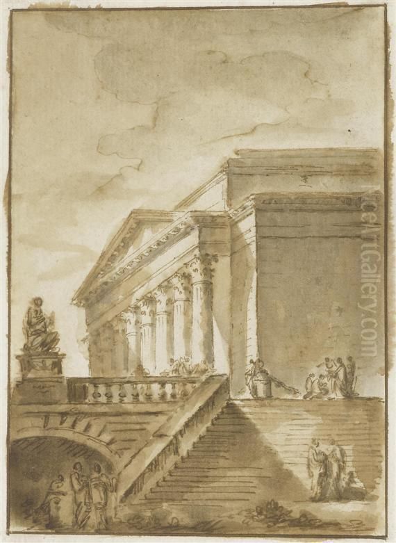 Capriccio With Steps And Temple Oil Painting by Juste Nathan Boucher