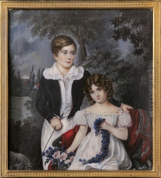 George 2. Duke Of Cambridge Und Seine Schwester Augusta Karoline Vor
Laubaumen Im Hintergrund Eine Kirche Oil Painting by Karl Von Saar