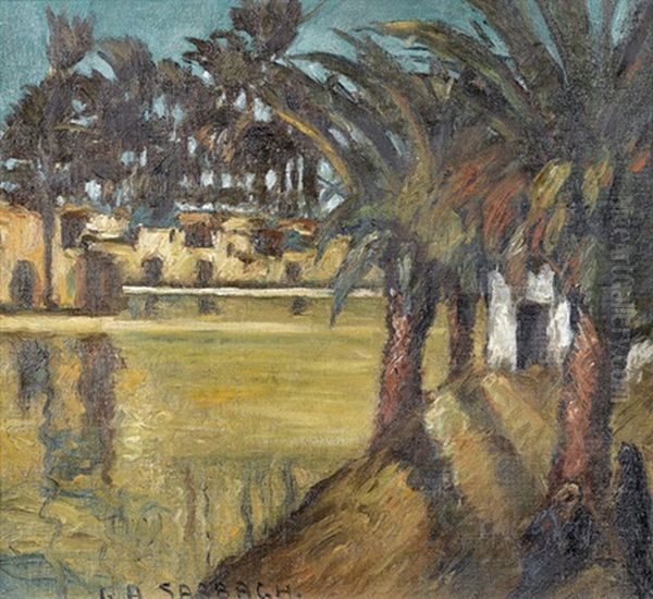 Niluferpartie Mit Palmen Und Hutten Oil Painting by Georges Hanna Sabbagh
