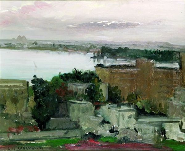 Le Nil Au Caire Et Les Pyramides De Gizeh Oil Painting by Georges Hanna Sabbagh