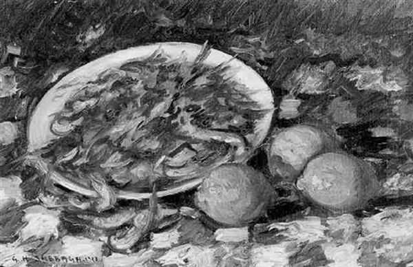 Nature Morte Aux Crevettes Roses Et Citrons Oil Painting by Georges Hanna Sabbagh