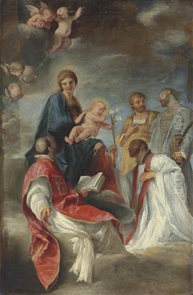 The Madonna And Child With Saints Ignatius Of Loyola, Francis Xavier, Cosmas And Damian - A Bozzetto Oil Painting by Andrea Sacchi
