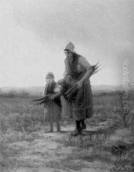 Mother And Child Gathering Kindling Oil Painting by Philip Lodewijk Jacob Frederik Sadee
