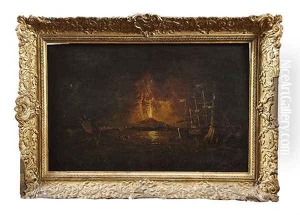 A Capriccio Nightscape Of The Bay Of Naples With The Vesuvius Erupting Oil Painting by William Sadler the Younger