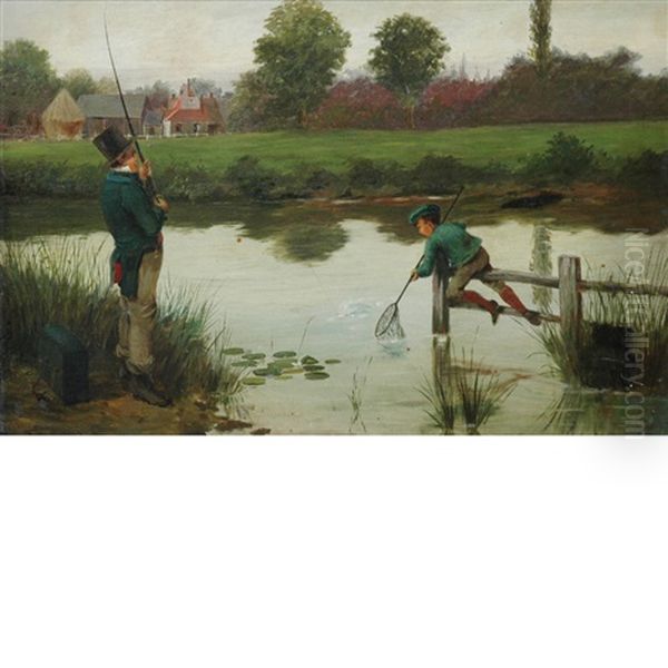Father And Son Fishing Oil Painting by Walter-Dendy Sadler