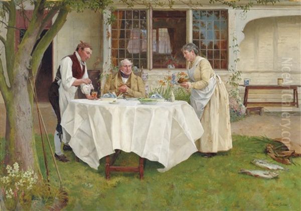 Garden Scene With A Gentleman Seated At A Table Oil Painting by Walter-Dendy Sadler