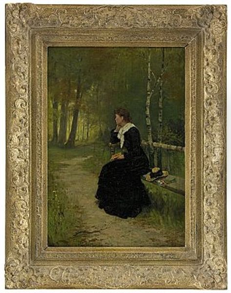 Flicka Pa Parkbank Oil Painting by Walter-Dendy Sadler