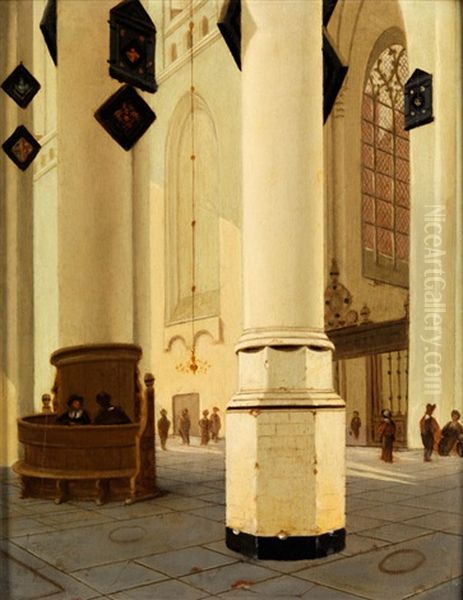 Inneres Einer Gotischen Kirche Mit Rundpfeiler Und Blick In Eine Seitenkapelle Mit Masswerkfenster Und Kapellengitter Oil Painting by Pieter Jansz Saenredam