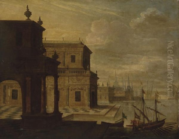 An Architectural Capriccio Of A Mediterranean Harbour Oil Painting by Jacob Ferdinand Saeys