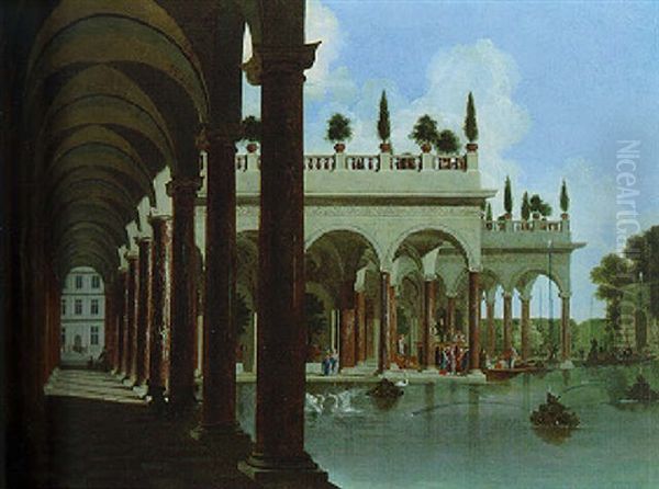 The Loggia Of A Moated Palace With Elegant Figures Boarding A Gondola Oil Painting by Jacob Ferdinand Saeys