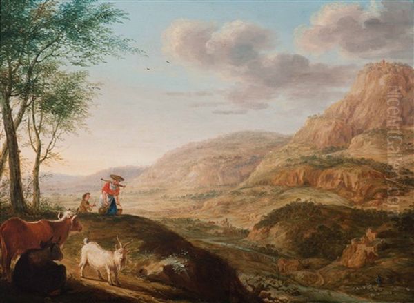 Wide Mountainous Landscape With Cattle, A Milkmaid And A Boy In The Foreground Oil Painting by Cornelis Saftleven