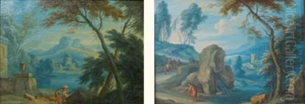 Paysage Au Cours D'eau Avec Mendiant Et Paysage Au Lac Avec Architecture Oil Painting by Adriaen Frans Boudewijns