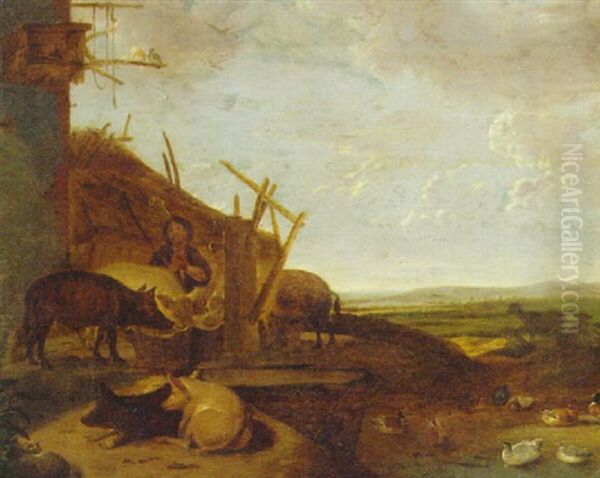 A Swineherd By A Barn Oil Painting by Cornelis Saftleven
