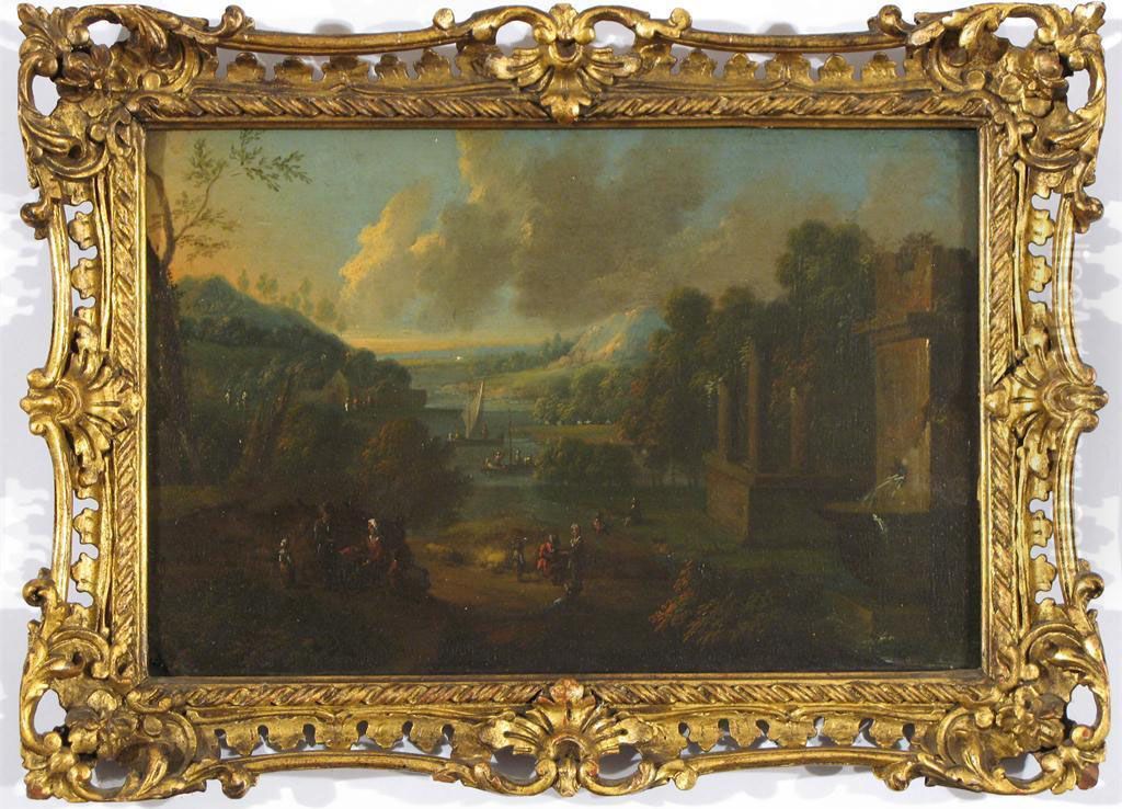 Classical Landscapes With Figures And Boats On A Lake Beyond Oil Painting by Adriaen Frans Boudewijns