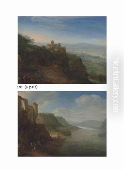 A Mountainous Landscape With Figures On A Track, A Hilltop Fortified Town Beyond (+ A River Landscape With Hilltop Ruins And Figures On A Bank; Pair) Oil Painting by Herman Saftleven