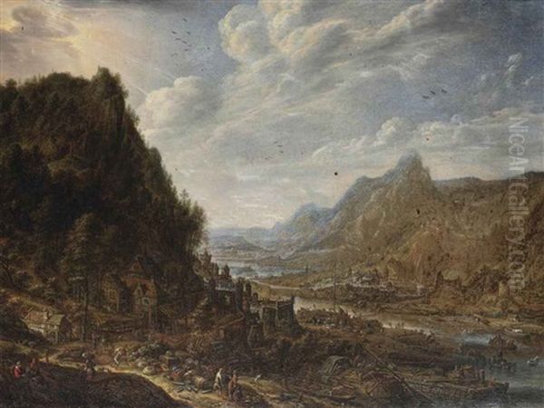 A Rhenish Landscape With Numerous Vessels Moored At A Quay By A Cooperage, A Village On The Hilltop Oil Painting by Herman Saftleven