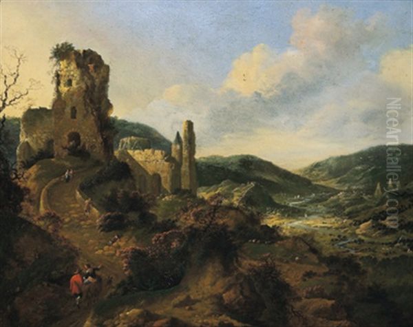 Gebirgslandschaft Mit Ruinen Und Reisenden Oil Painting by Herman Saftleven