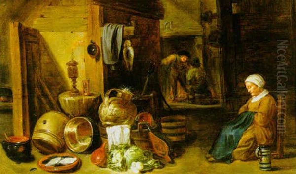 Bondinterior Med Husgerad, Fiskar Och Gronsaker Oil Painting by Herman Saftleven