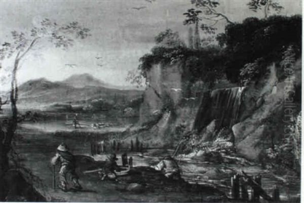 A Rocky River Landscape With A Traveller And Abglers On A Bank Oil Painting by Herman Saftleven