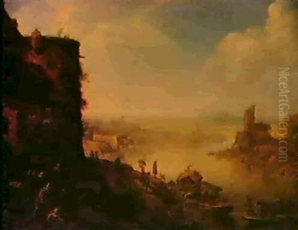 Rhenish River Landscape With Boats Moored Beneath Houses Oil Painting by Herman Saftleven