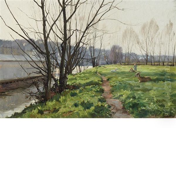 Children With Goats Along A Canal Oil Painting by Paul Jean Marie Sain