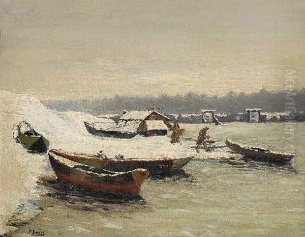 Boote Am Verschneiten Flussufer Oil Painting by Paul Jean Marie Sain