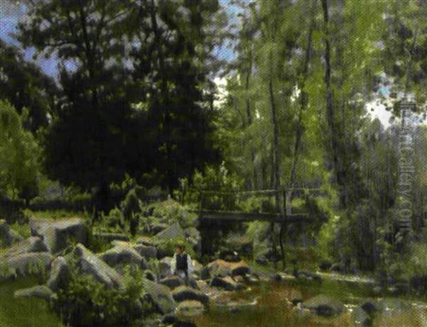 Paysage A La Riviere Et A L'enfant Oil Painting by Paul Jean Marie Sain