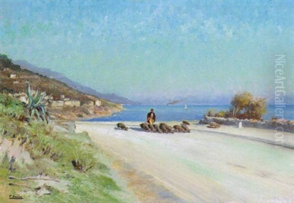 Sudliche Kustenlandschaft. Vorn Auf Der Uferstrasse Ein Bauer Mit Einer Herde Von Truffelschweinen Oil Painting by Paul Jean Marie Sain