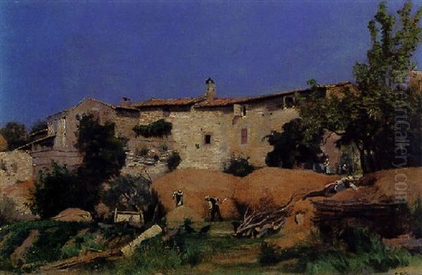 Sudliche Landschaft Mit Hausern Und Arbeitenden Bauern Oil Painting by Paul Jean Marie Sain