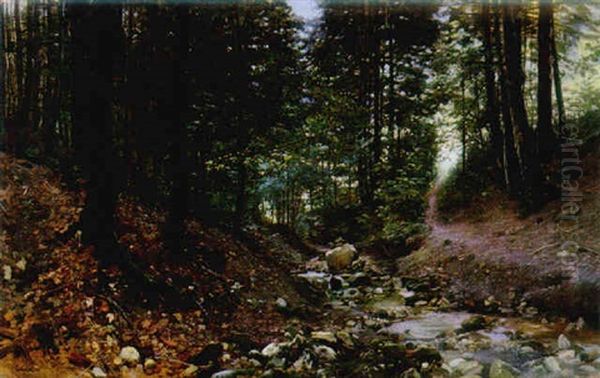 A Stream Through The Underwood Oil Painting by Paul Jean Marie Sain