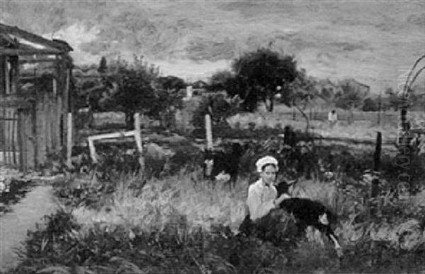 Goatherder In The Field Oil Painting by Paul Jean Marie Sain
