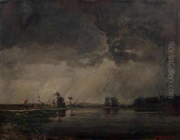 Femme A L'ombrelle Rouge Dans Un Paysage De La Dombes Oil Painting by Jean Aime Saint-Cyr Girier