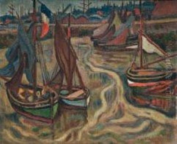 Voiliers Dans Le Port De Honfleur Oil Painting by Henri Lienard De Saint-Delis