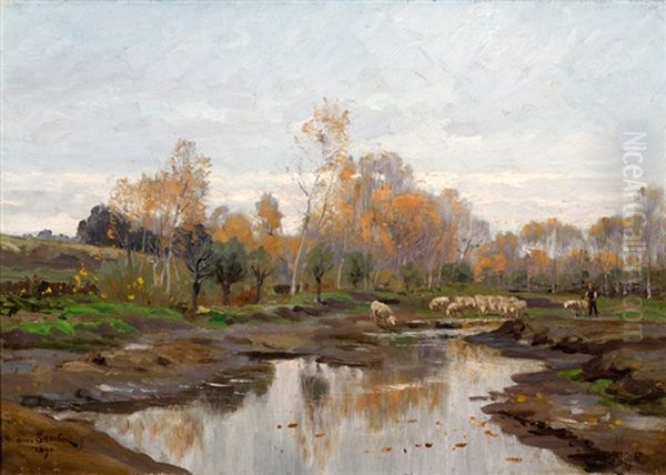 Herder Met Schaapskudde Bij Een Ven Oil Painting by Henri Saintin